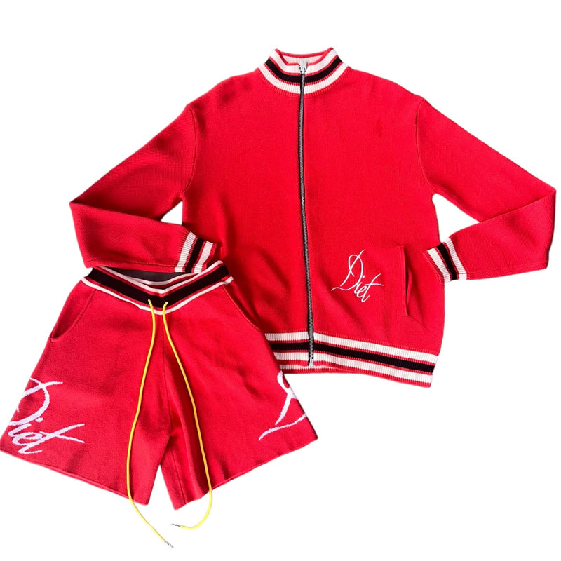 Red Knitted Script Zip Short Set